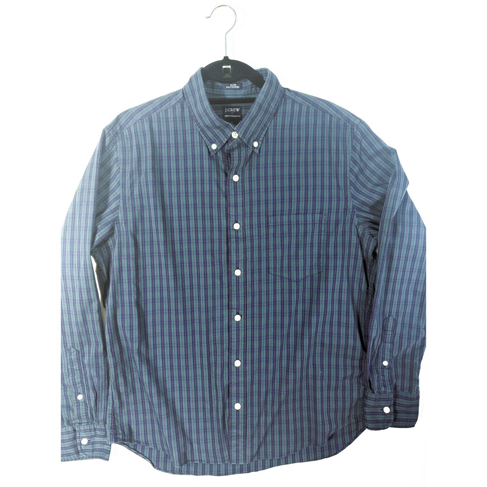 J. Crew Button Down Mens Large Green Blue Plaid Excellent Slim Untucked Shirt